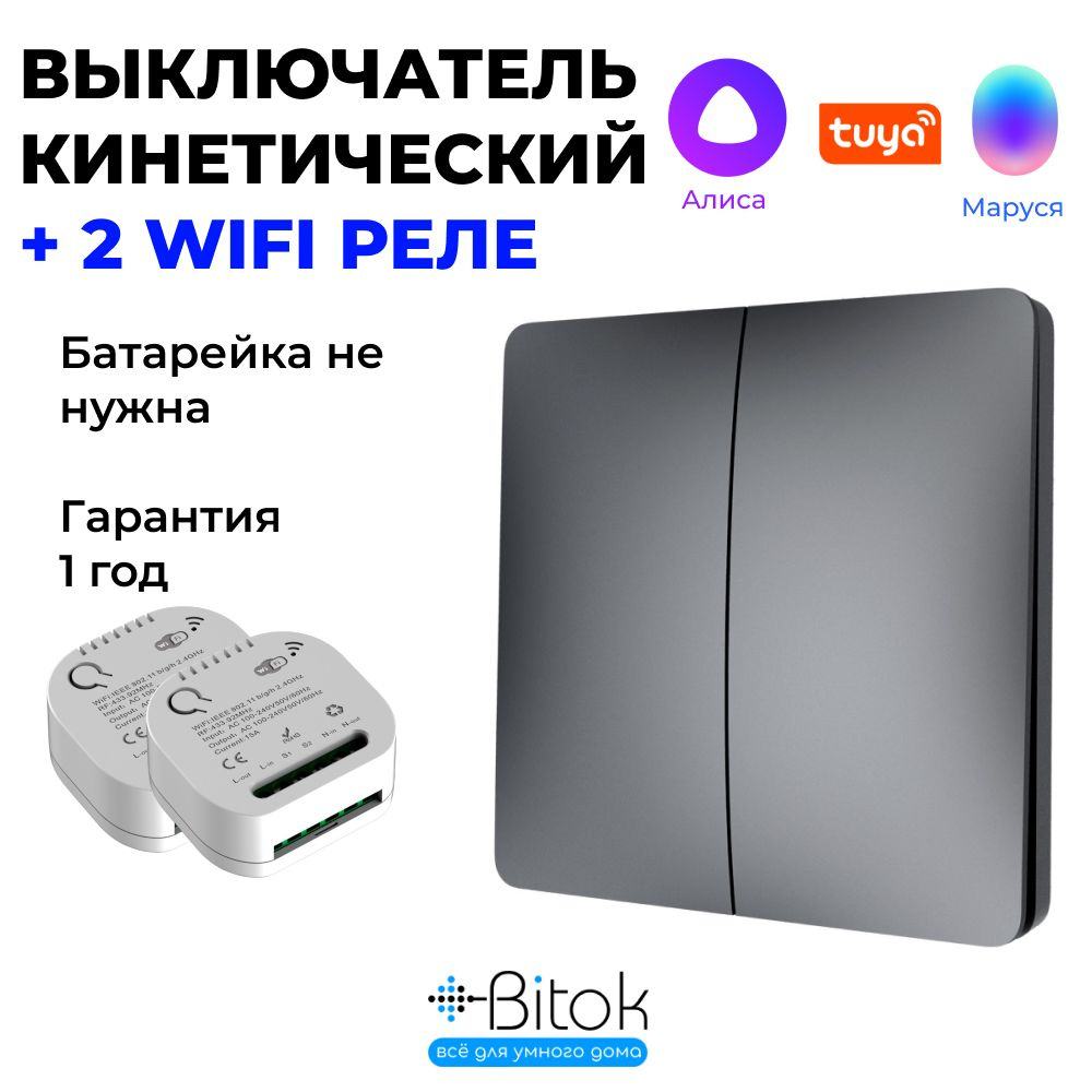 Выключатель кинетический RF черный 2 кнопки + 2 реле RF+WIFI #1