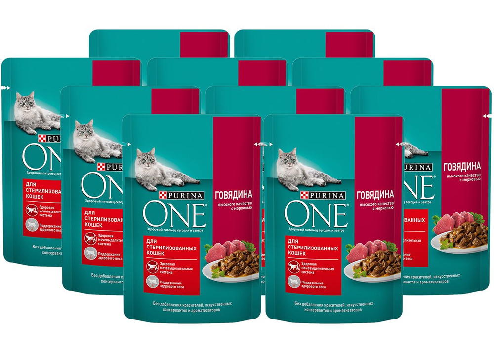 PURINA ONE для взрослых стерилизованных кошек и кастрированных котов с говядиной и морковью в соусе пауч #1