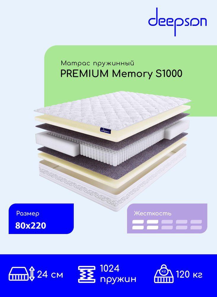 Матрас, ортопедический матрас Deepson PREMIUM Memory S1000 ниже средней жесткости, детский, пружинный, #1