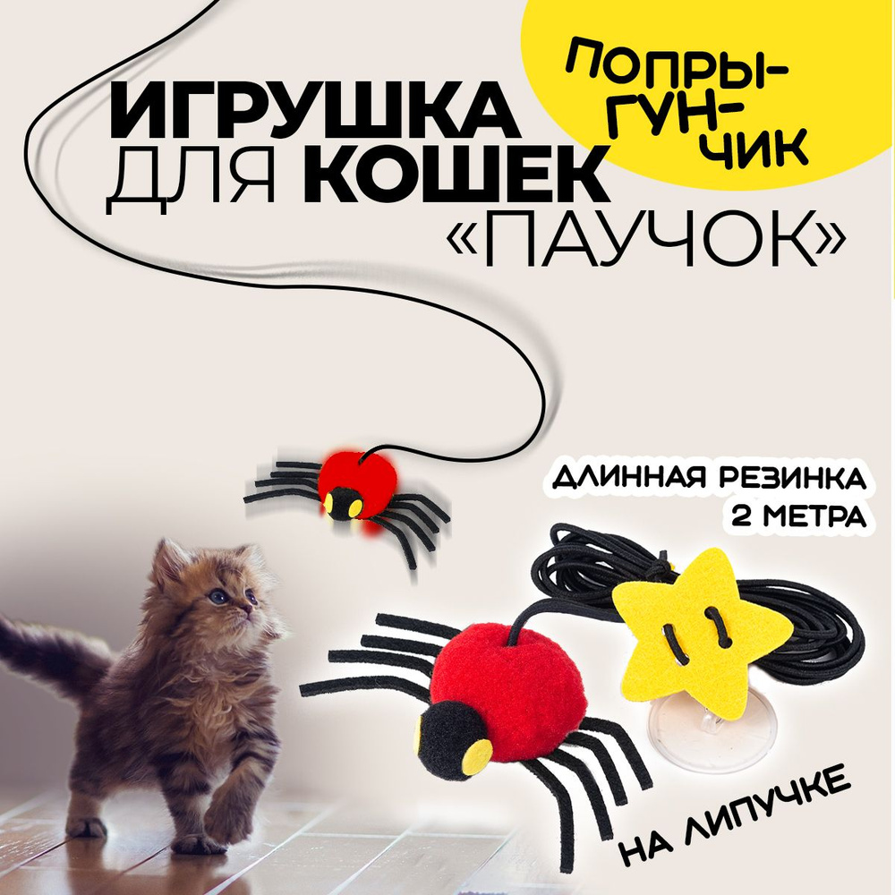 Игрушки для кошек / попрыгунчик паучок / дразнилка, паучок для кошей. Длина резинки 2 м.  #1