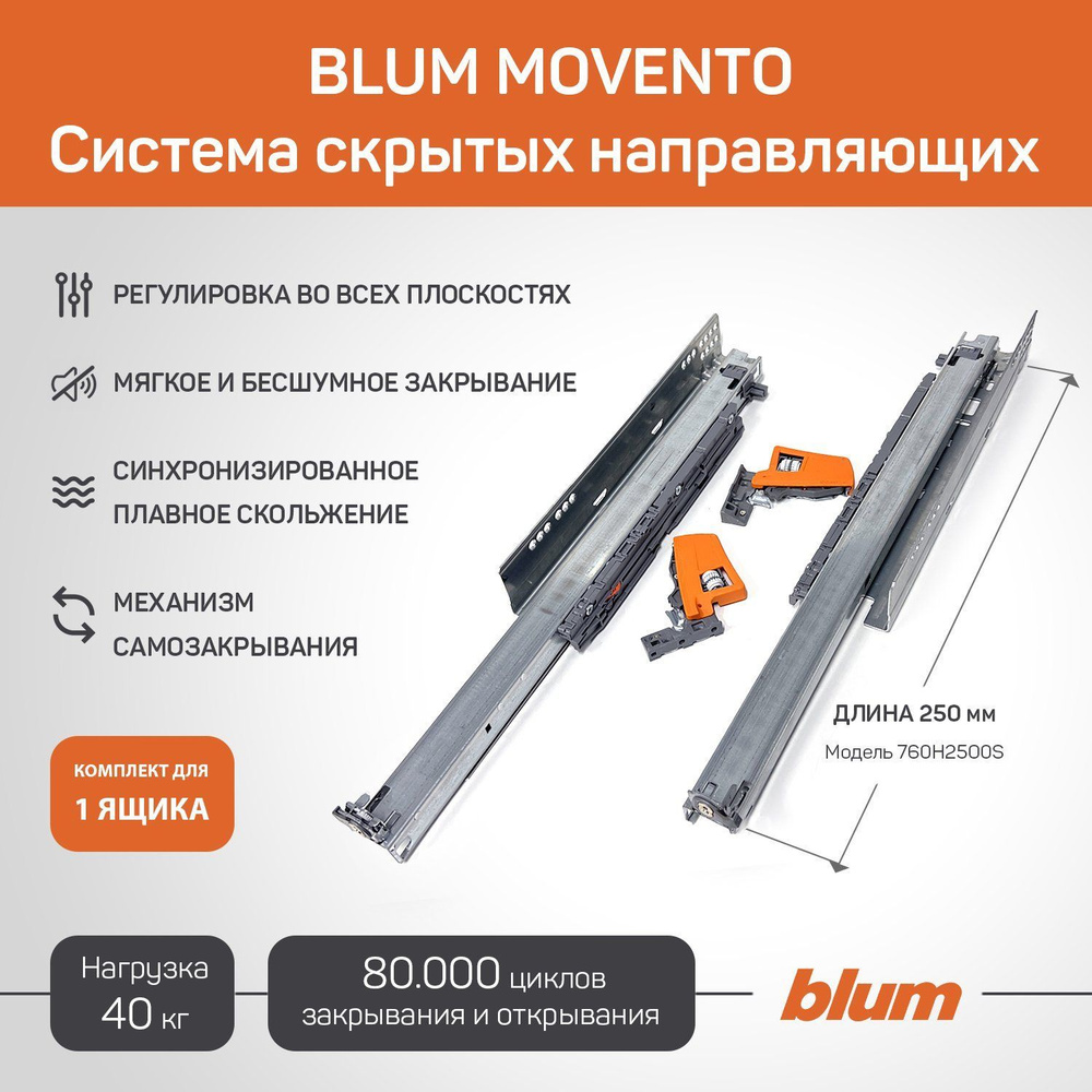 Комплект направляющих полного выдвижения 760H2500S Blum Movento с доводчиком 250 мм + замки. (Арт.01371889) #1