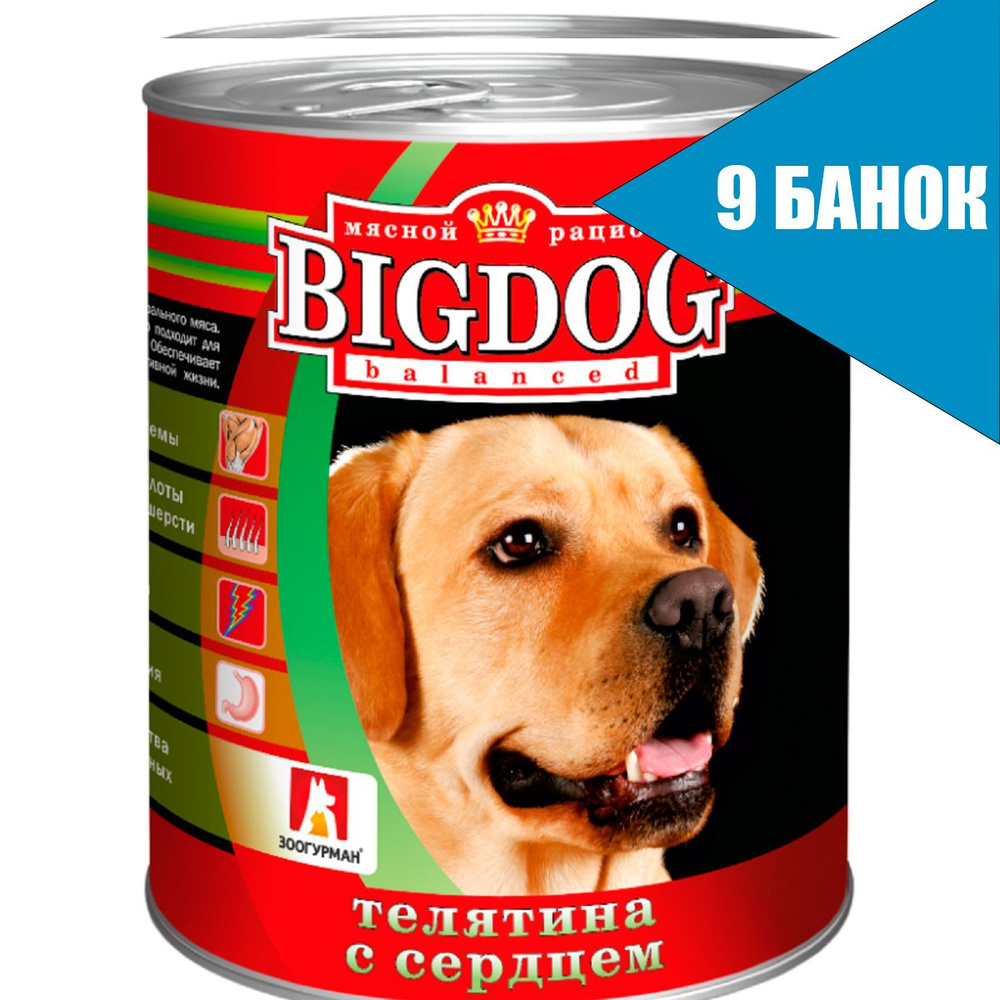 Зоогурман BIG DOG для собак Телятина с сердцем, консервы 850г (9 банок)  #1