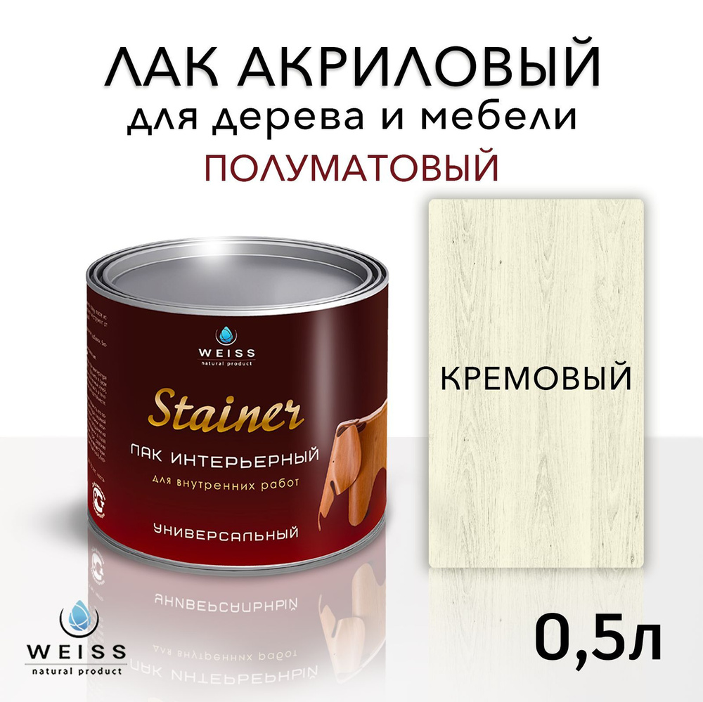 Лак для дерева акриловый кремовый, полуматовый, Weiss natural product, без запаха, самовыравнивающийся, #1