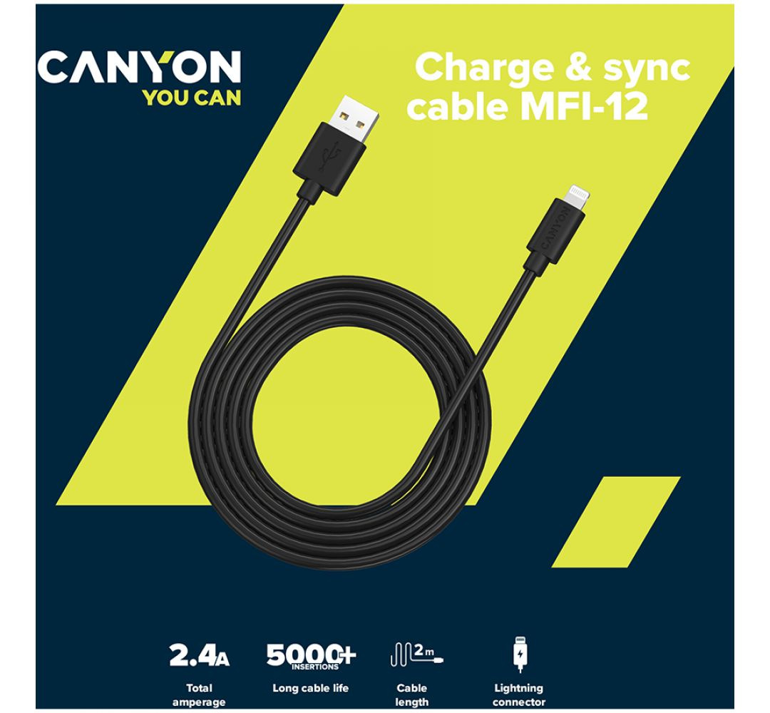 Кабель зарядки и синхронизации Canyon CNE-CFI12 Lightning — USB-C поможет вам быстро зарядить и синхронизировать все ваши устройства Apple, такие как iPhone или iPad. Просто подключите смартфон к USB-порту ноутбука, и вы сможете заряжать телефон и синхронизировать данные. Основная характеристика заключается в том, что мощность 20 Вт., и протокол Power Delivery обеспечивают максимальную и быструю скорость зарядки. Оптимальная длина кабеля (2 метра) позволяет комфортно разместить подключенное устройство при зарядке от сети. Отличное сочетание цены и качества.
