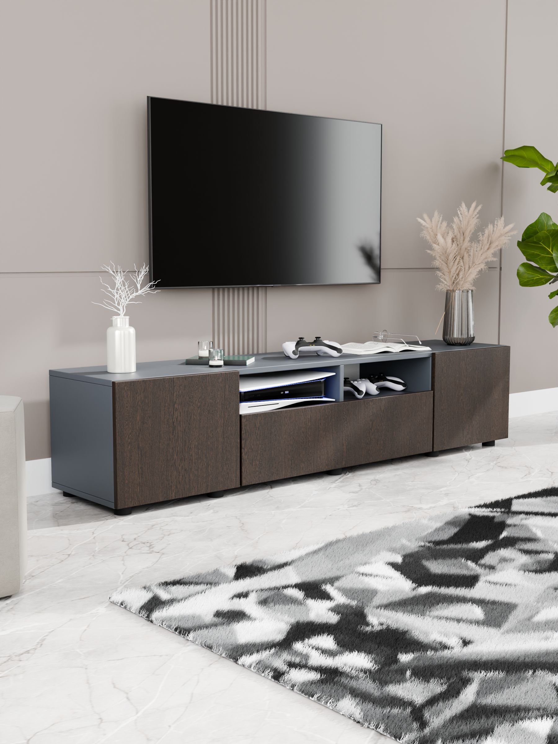 ТумбаподтелевизорГОРИЗОНТ160х37.8х36.3см,графит/фасадвенге