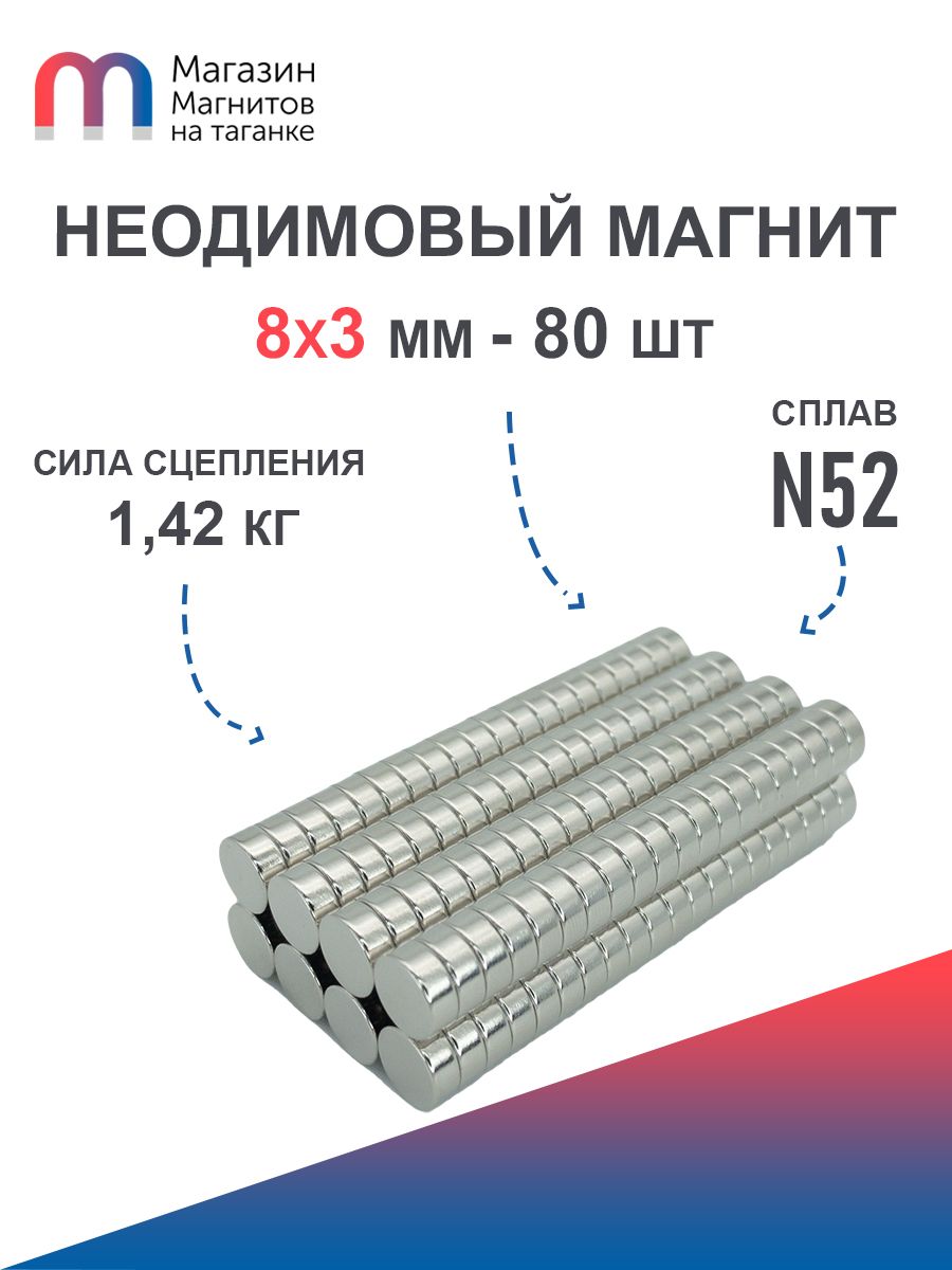 Неодимовыймагнитусиленныйдиск8х3мм(N52)-80шт
