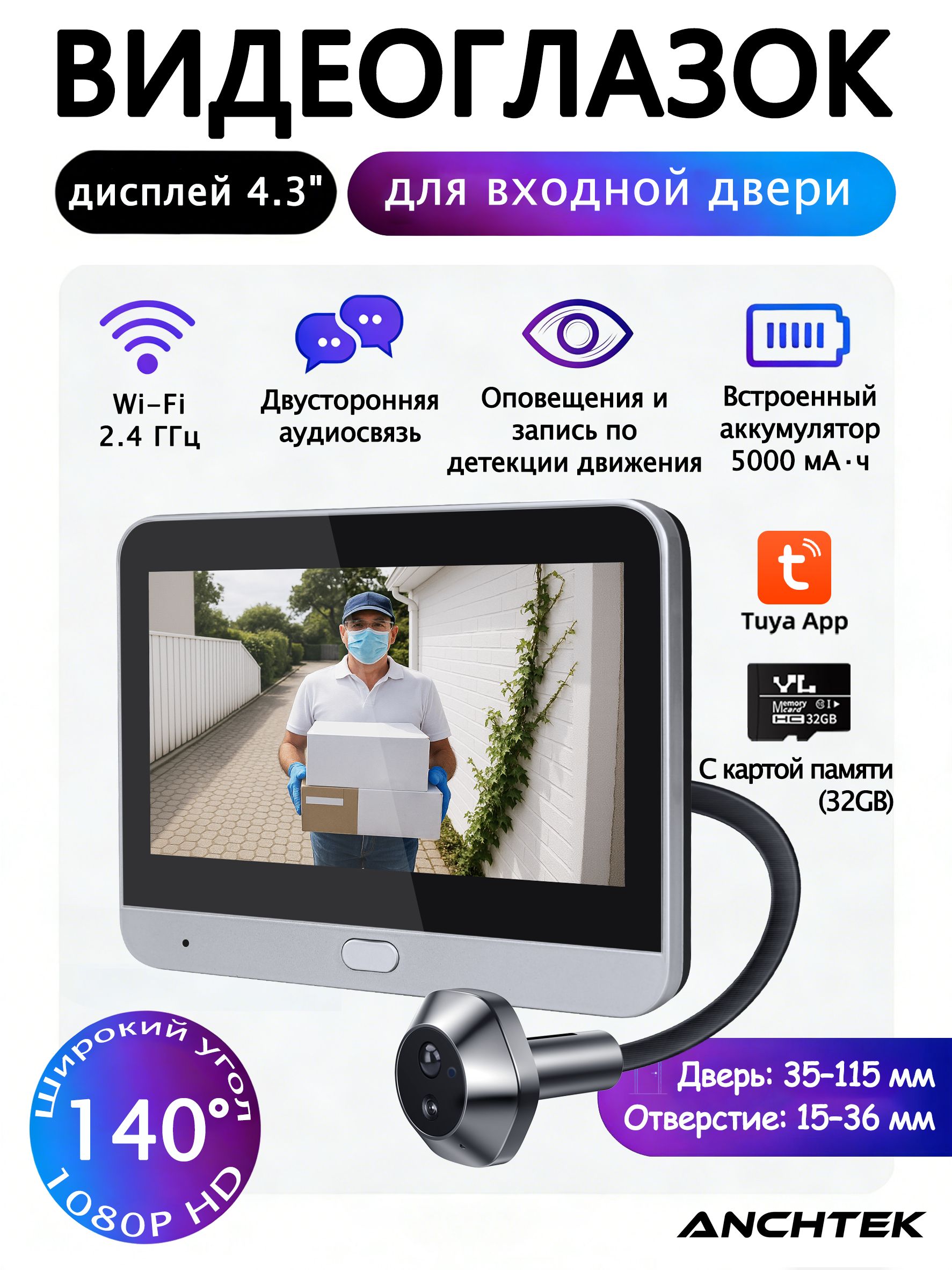ВидеоглазокдлявходнойдвериED300Ptuyawifiсмонитором,записью,двустороннейсвязью,сkартапамяти32Гб