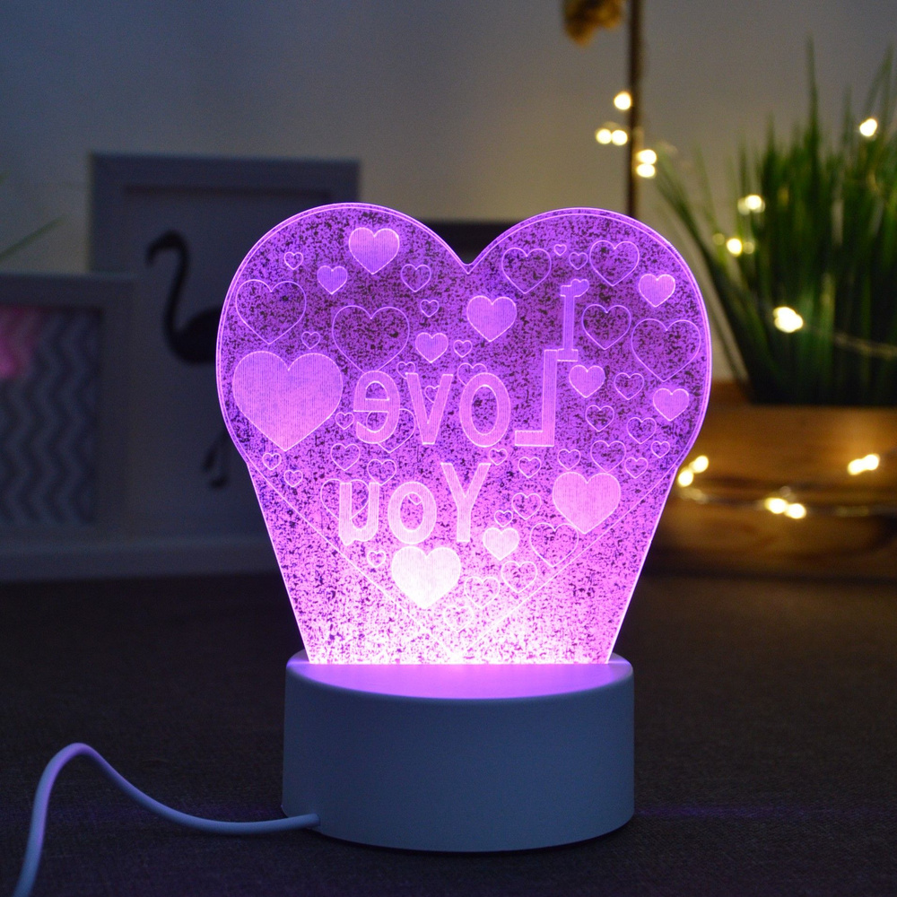 Светильник (ночник) декоративный 3D "Сердце с надписью I LOVE YOU" настольный мягкий свет  #1