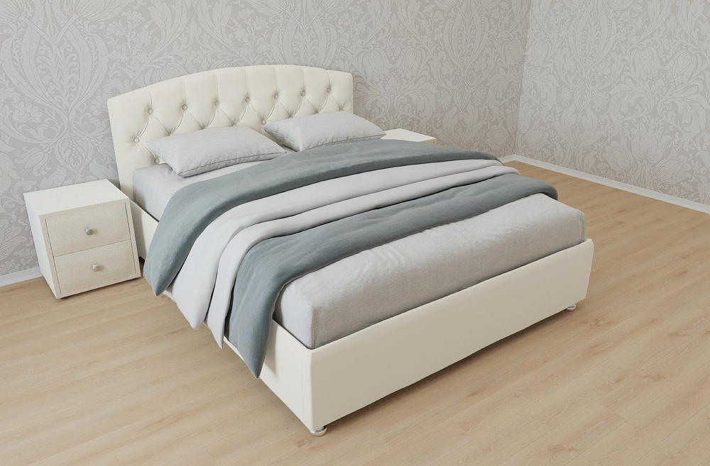 Двуспальная кровать Берлин с матрасом 140x200 основание металлическое с ламелями велюр белый без ножек #1