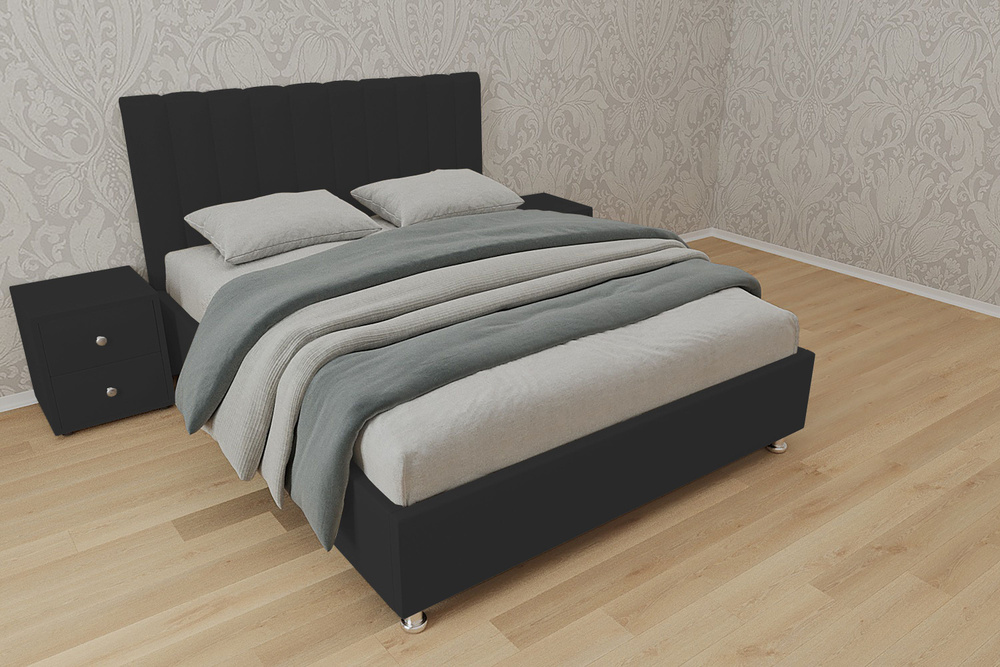 Двуспальная кровать Челси с матрасом 180x200 основание металлическое с ламелями велюр черный ножки 13 #1