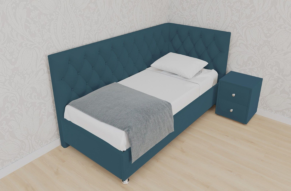Двуспальная кровать Версаль Угловая 140x200 с подъемным механизмом и с коробом для белья велюр бирюзовый #1