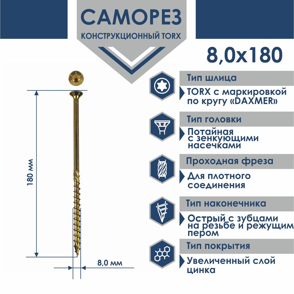 Саморез универсальный Torx Daxmer 8,0х180 (100 шт) #1