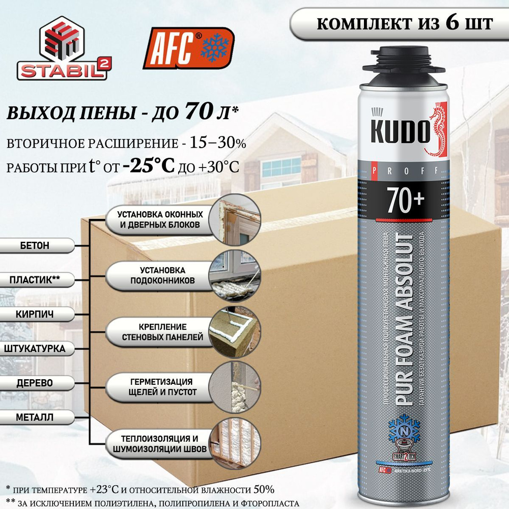 Пена полиуретановая монтажная KUDO "PUR FOAM ABSOLUT 70+ ARKTIKA", профессиональная, под пистолет, морозостойкая #1