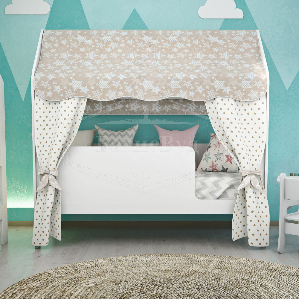Кровать-домик детская СПИТ САМ с бортиком под матрас 160х80, БазисВуд, вход справа,с текстилем (бежевый, #1
