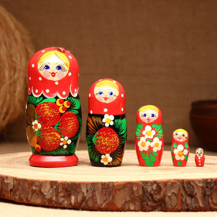 Матрёшка 5-кукольная Праздничная красная с божьей коровкой, 10-11 см  #1