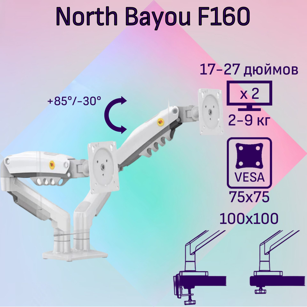 Двойной настольный кронштейн NB North Bayou F160 для мониторов 17-27" до 9 кг, белый  #1