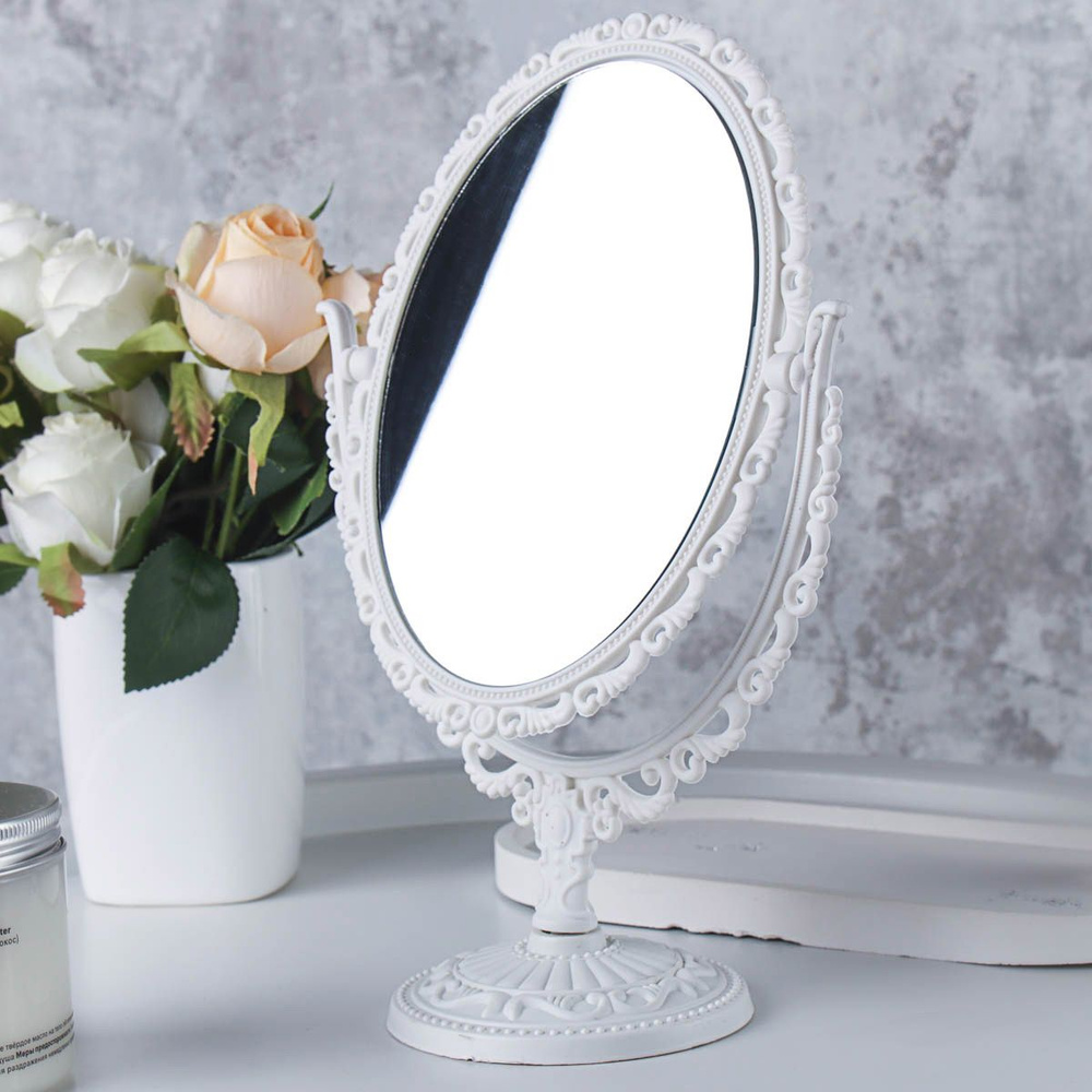 Зеркало настольное двухсторонее 14х9х18 см для нанесения макияжа, косметическое зеркало на ножке  #1
