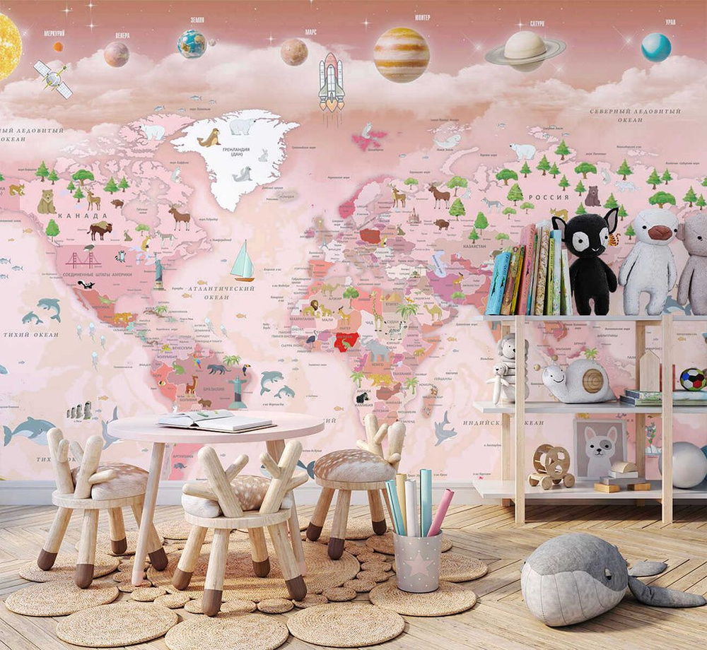 Фотообои детские MOBI DECOR "Карта мира" флизелиновые на стену для девочки или для мальчика №7 390x270 #1