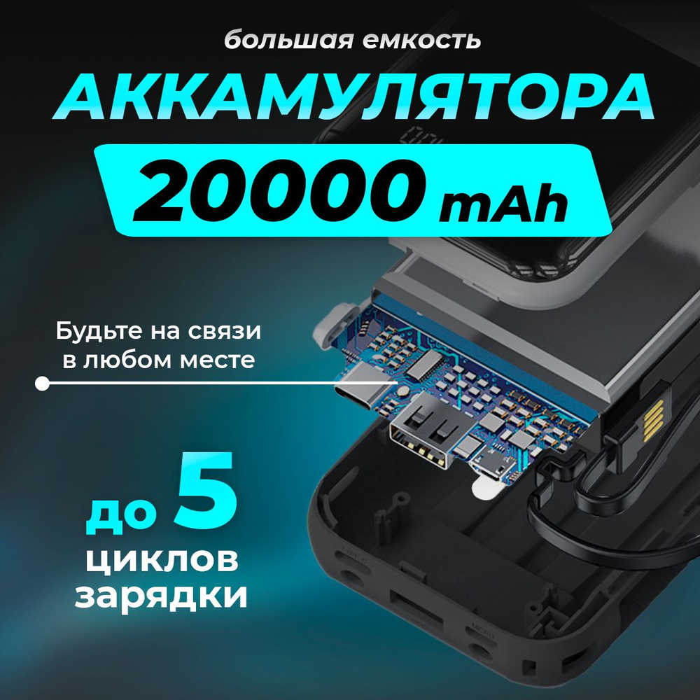 Power Bank 20000 mAh, внешний аккумулятор пауэрбэнк, 4 входа TYPE-C, lightning, USB, microUsb, черный #1