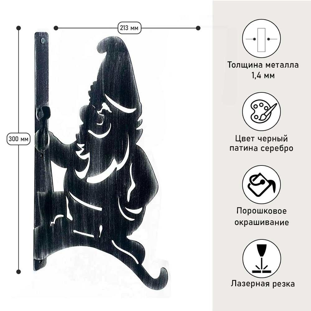 Крепление настеннне декоративное Гном и лопата, цвет Черный, патина Серебро, металлический кронштейн #1