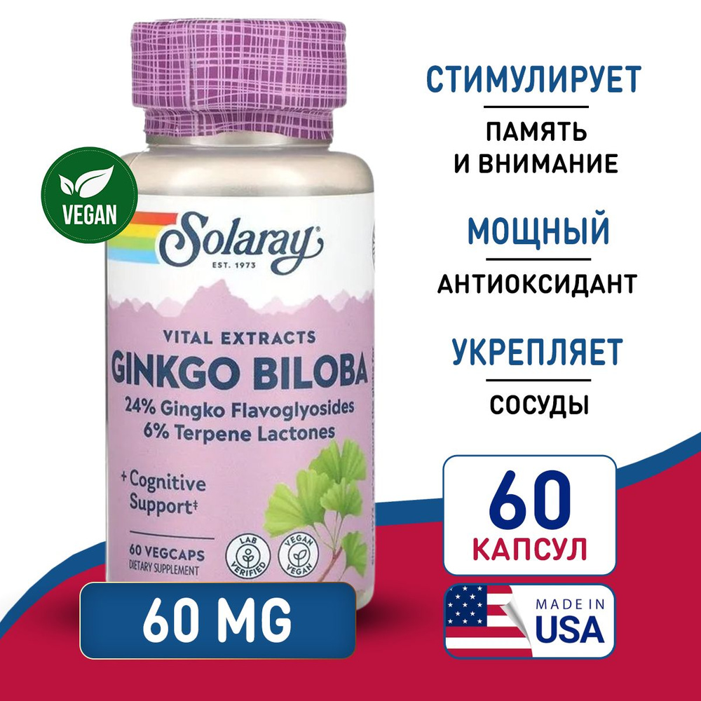 Гинкго билоба 60 мг 60 vegcaps, Solaray Ginkgo Biloba, Улучшает работу мозга, Мощный антиоксидант  #1