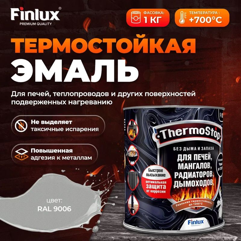 Грунт-эмаль Finlux F-1200, краска по металлу антикоррозийная до +1200C, матовое покрытие, Ral 9006, 1 #1