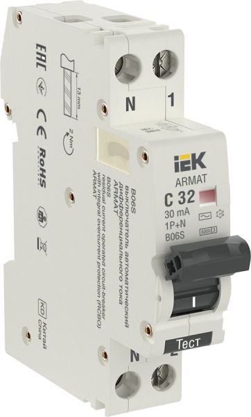 Автоматический выключатель дифф. тока 1P+N 32А 30мА тип AC 6кА хар-ка C (18мм) серия B06S ARMAT AR-B06S-1N-C32C030 #1