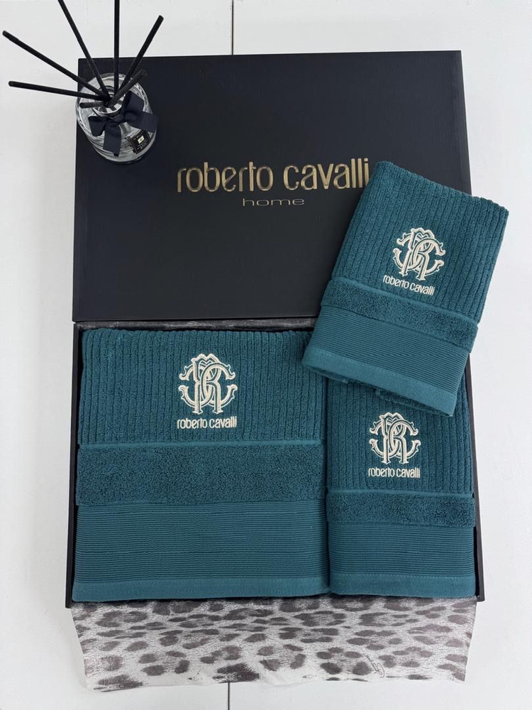 Roberto Cavalli Гостевое полотенце Весь мир моды, Махровая ткань, Хлопок, 30х40, 35x75, 90x160 см, лазурный #1