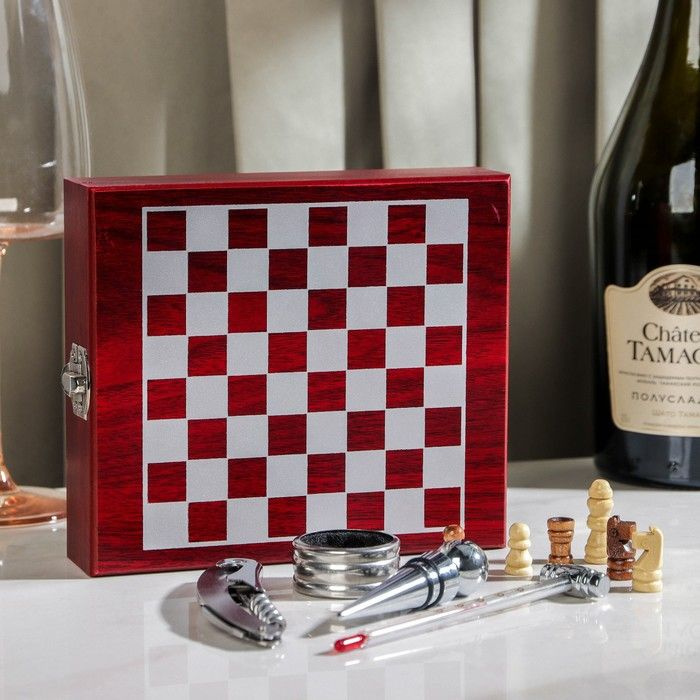 Набор для вина Доляна, 4 предмета: термометр, кольцо, открывашка, пробка, шахматы в комплекте  #1