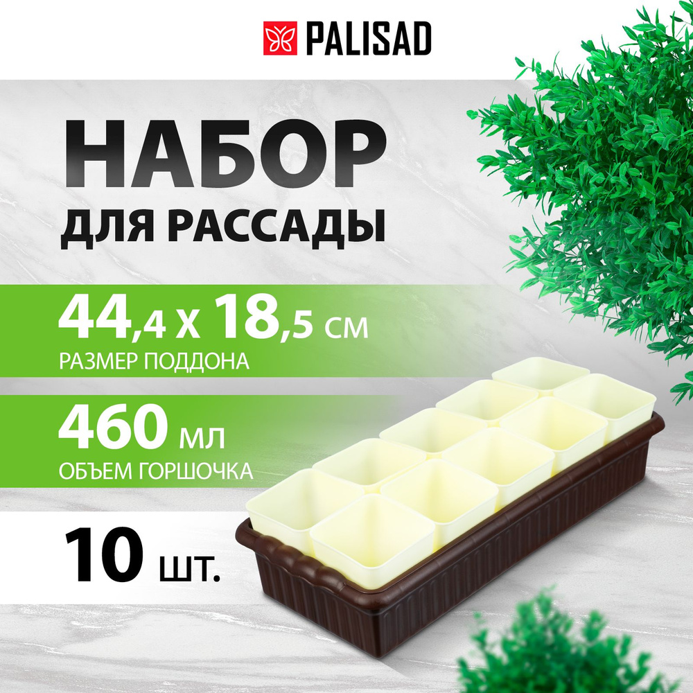 Набор для рассады с поддоном PALISAD, 444 х 185 х 82 мм, горшочки для рассады, 10 штук по 460 мл, с выдвижным #1