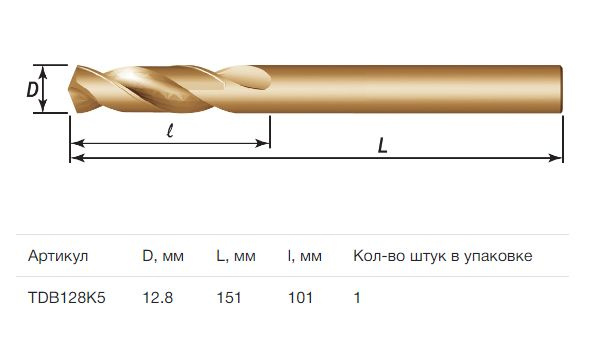 TDB128K5 Сверло спиральное по металлу HSS Co в ПВХ упаковке, d12.8 мм  #1