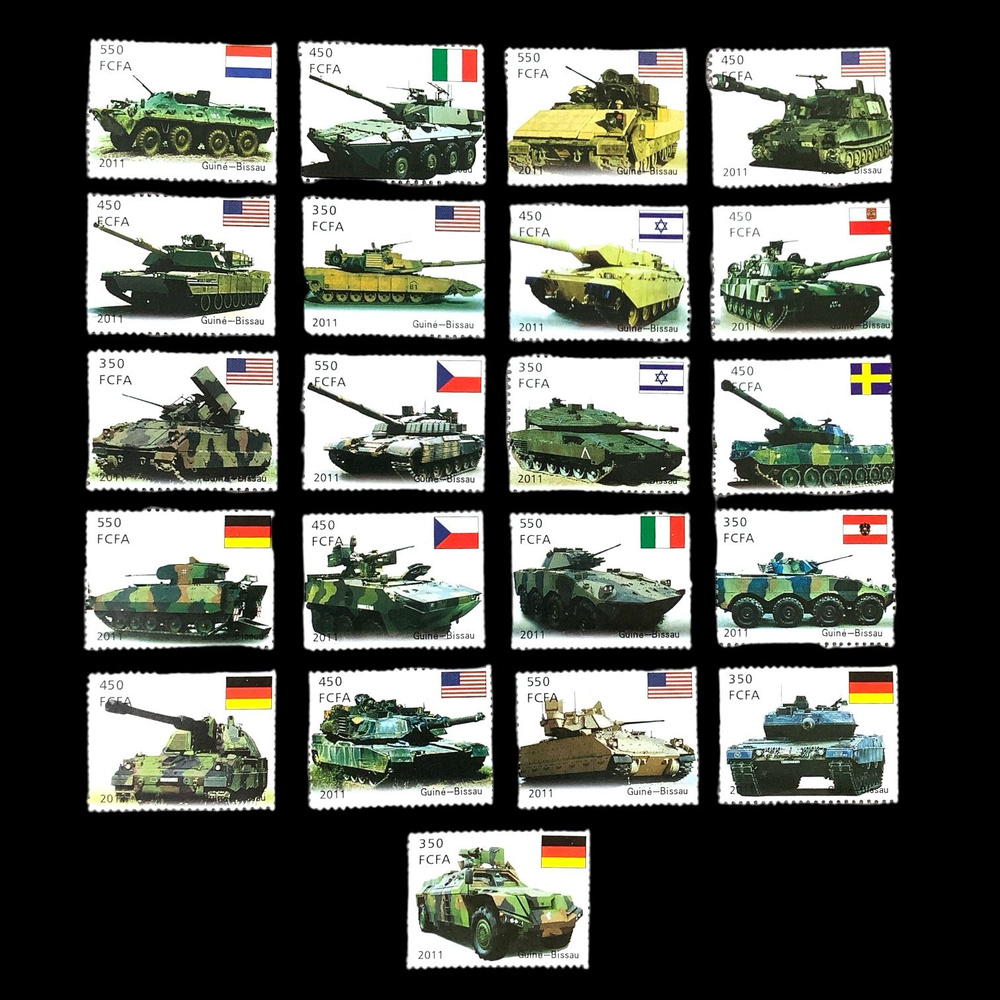 Набор почтовых марок "Модели современных танков. Военная техника" Гвинея-Бисау 2011 год 21 штука Без #1