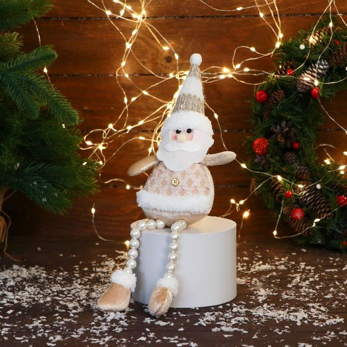 Декоративная игрушка Зимнее волшебство "Дед Мороз в полосатом колпаке", ножки-бусинки, мягкая, золотистая, #1