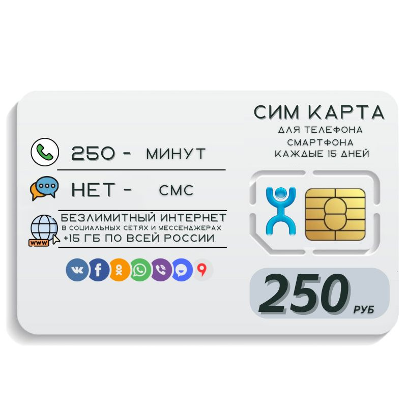 SIM-карта Сим карта Безлимитный интернет в соц сетях и мессенджерах 250 руб.каждые 15 дней для любых #1