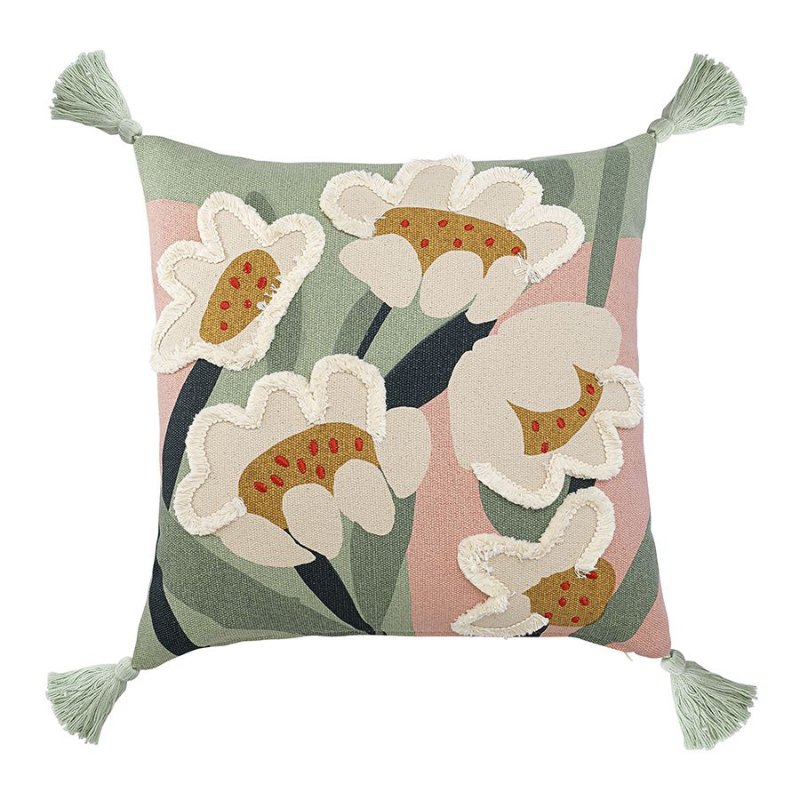Подушка 45х45 см декоративная на диван с цветами с аппликацией Garden flower из коллекции Ethnic зеленая/розовая #1