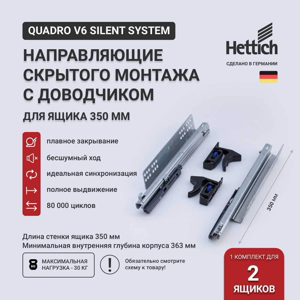 Направляющие для ящиков скрытого монтажа Hettich Quadro V6 Silent System с доводчиком, длина 350 мм, #1