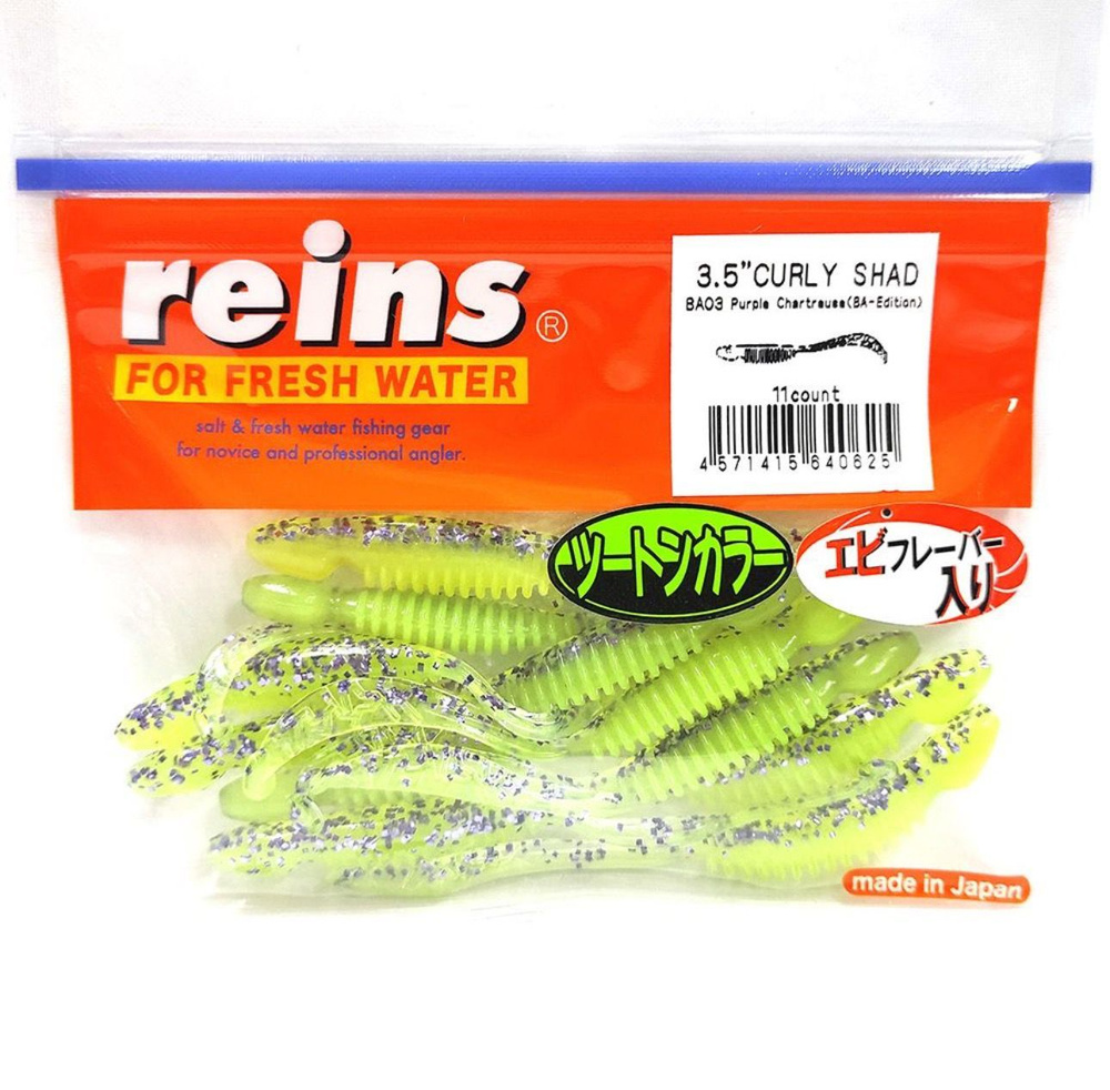 Силиконовая приманка REINS CURLY SHAD 3.5" Цв. BA03-Purple Chartreuse #1