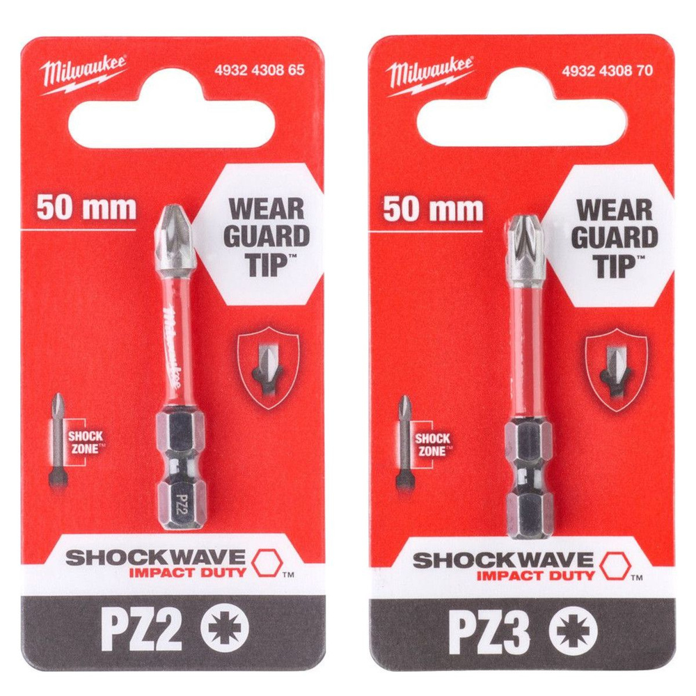 PH2(2шт)+PZ3(2шт) 50мм. Набор бит для шуруповёрта ударных Shockwave MILWAUKEE  #1