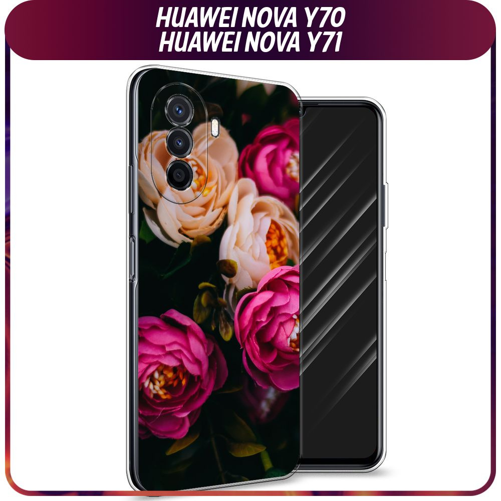 Силиконовый чехол на Huawei Nova Y70/Y71 / Хуавей Нова Y70/Y71 - "Розовые пионы на черном"  #1