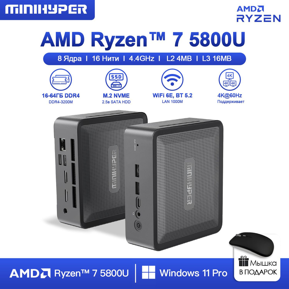 Мини-ПК MiniHyper мини пк игровой (AMD Ryzen 7 5800U, RAM 32 ГБ, SSD 512 ГБ, AMD Radeon Vega 8, Windows #1