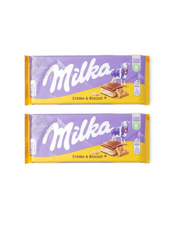 Шоколад молочный Milka Cream&Biscuit со вкусом ванили и кусочками печенья 2 уп по 100г, Германия  #1