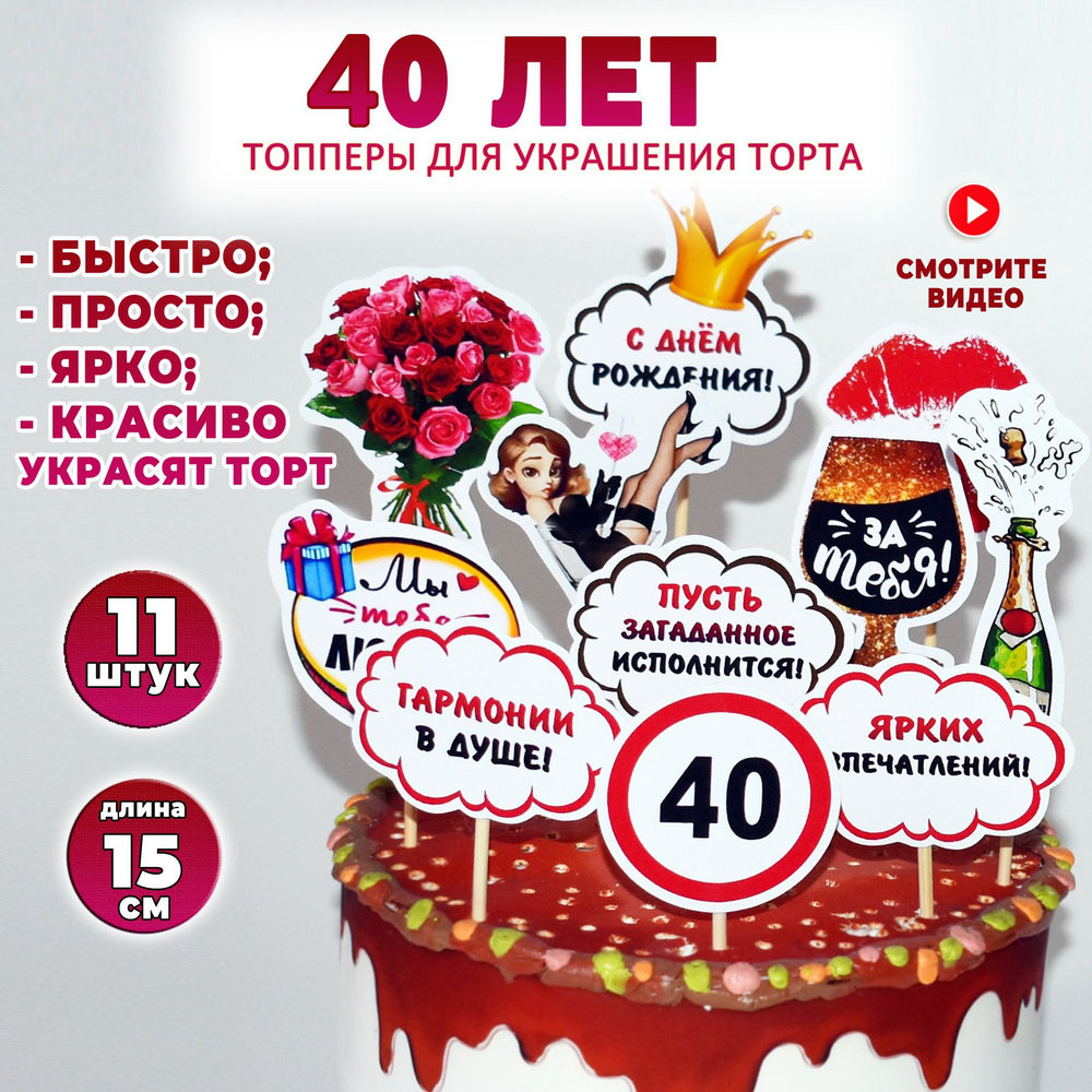 Набор для украшения торта Цифра "40". Юбилейный топпер на день рождения, 11 шт. BurlakovaDecor  #1