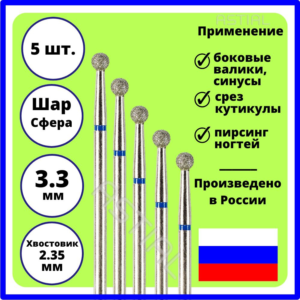 ASTIAL Фрезы для маникюрного аппарата Шар 3,3 мм с синей насечкой 5 шт, 806 104 001 524 033  #1