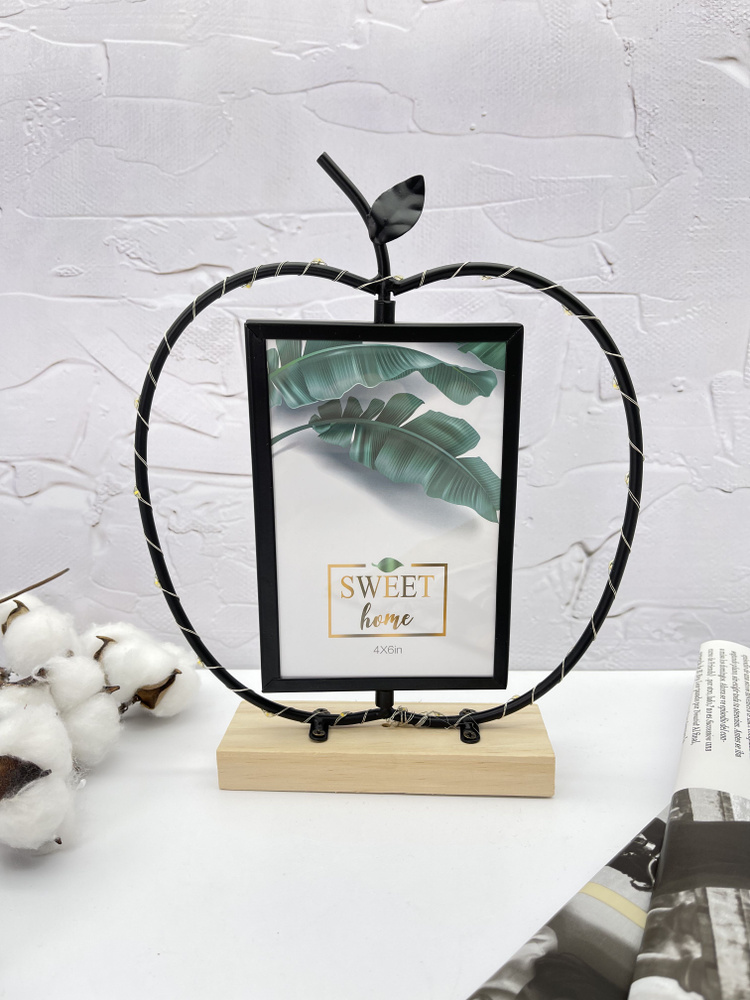 Фоторамка металлическая настольная с подсветкой Apple, black, 10х15 см / рамка для фото, вышивки, рисунков #1