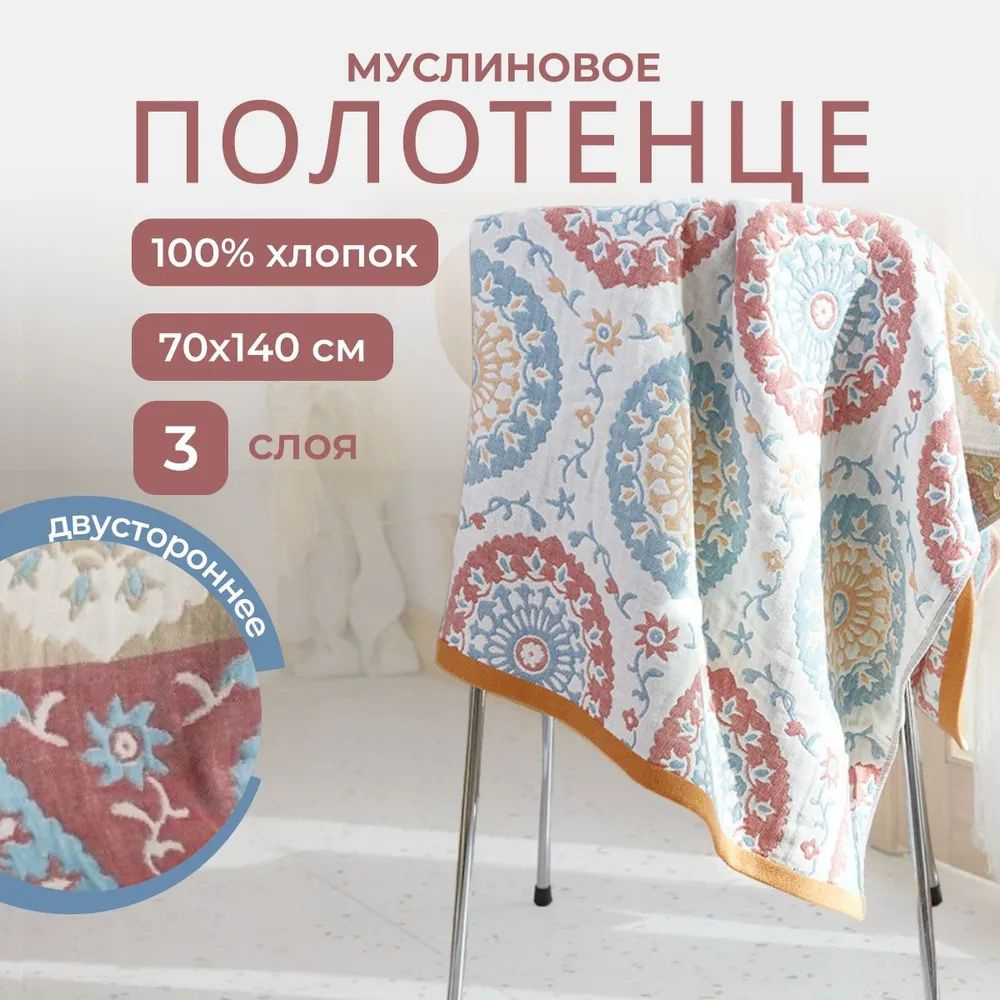 Homely Shop Полотенце банное homely, Хлопок, Муслин, 70x140 см, голубой, желтый, 1 шт.  #1