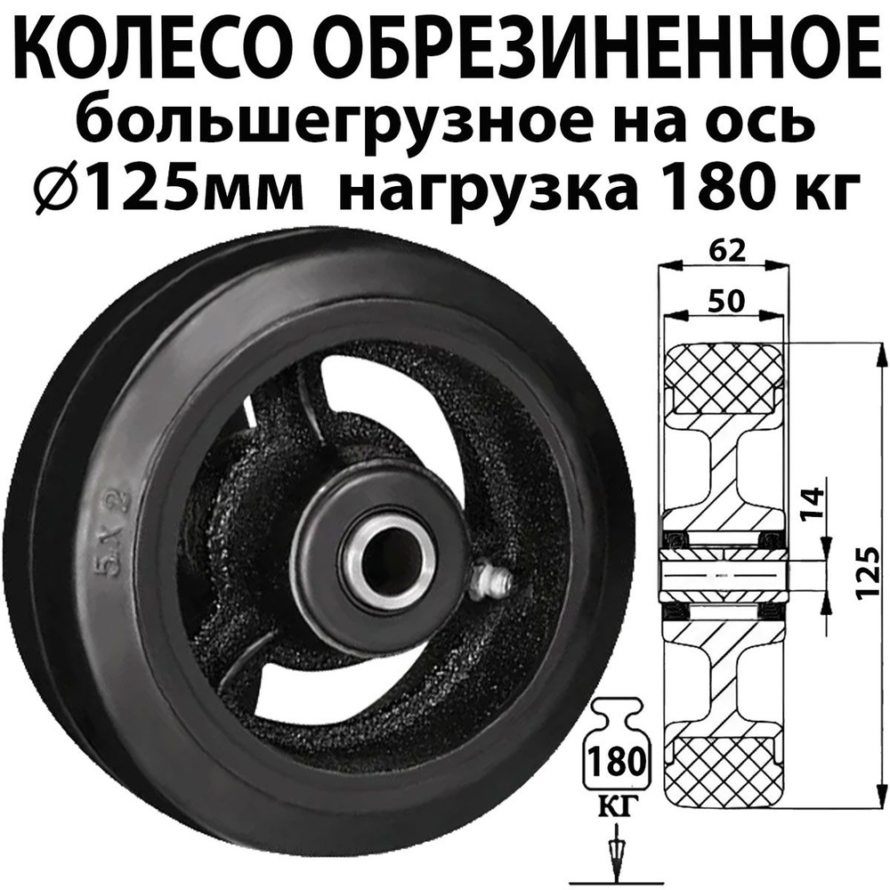 Колесо большегрузное 125 мм нагрузка 180 кг обрезиненное без кронштейна на ось D 54  #1