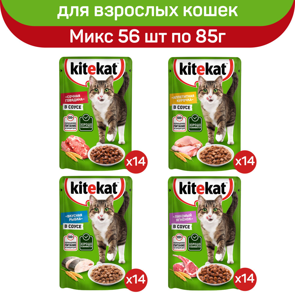 Kitekat влажный корм для взрослых кошек, Микс вкусов в соусе, 56 шт по 85 г  #1