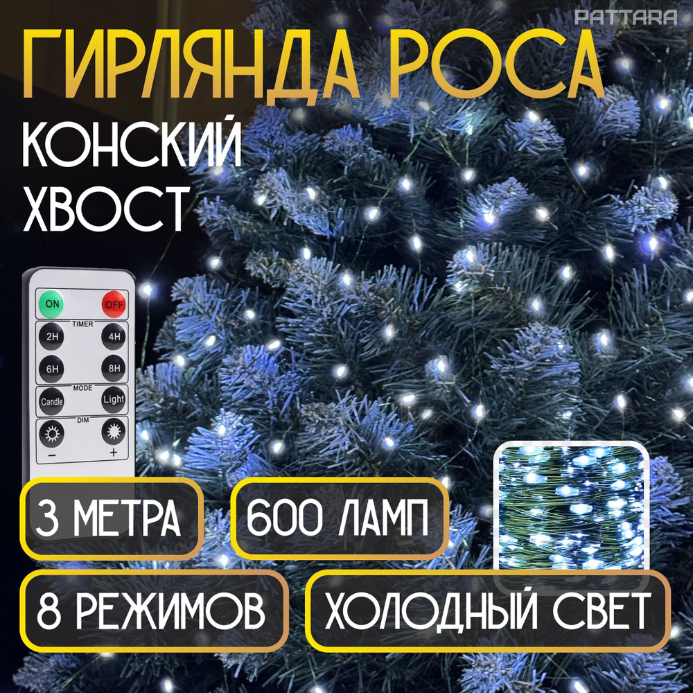 Гирлянда конский хвост роса на елку 3 метра 20 нитей 600 ламп новогодняя светодиодная электрогирлянда #1