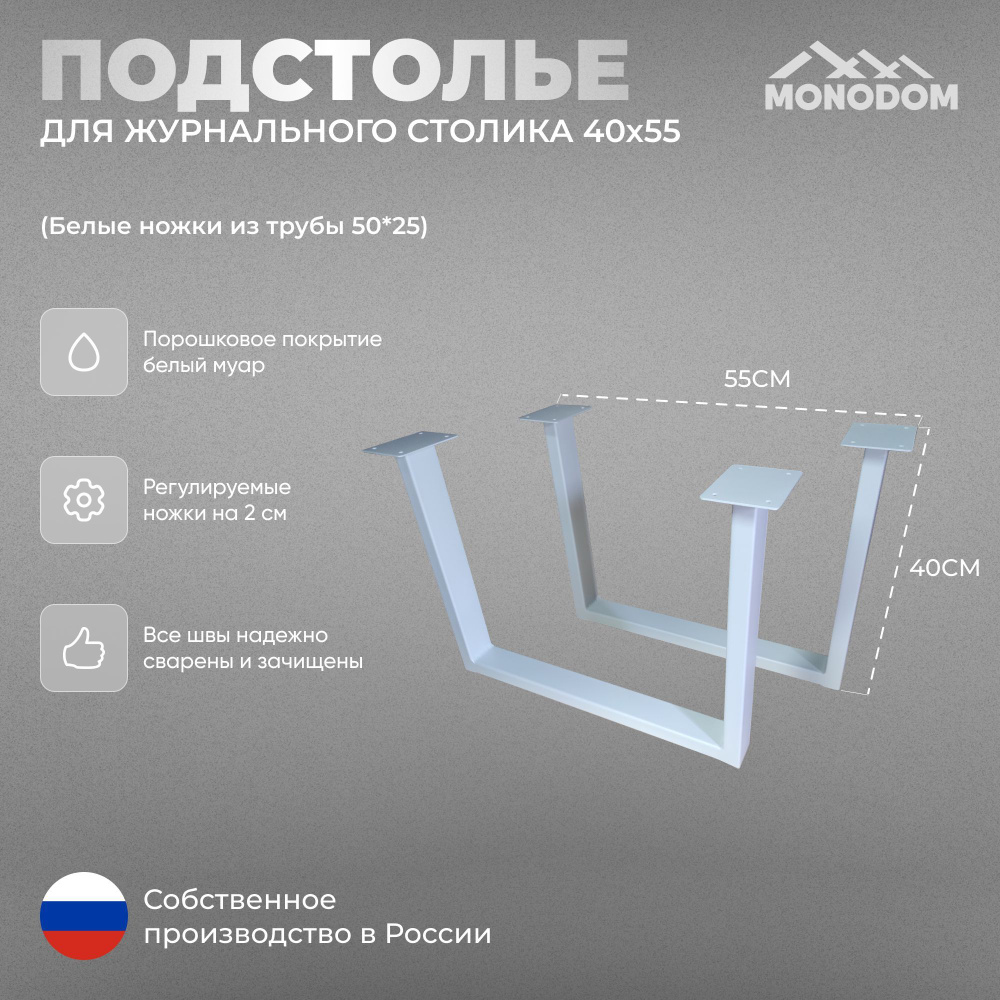 Подстолье для журнального стола в стиле ЛОФТ 40х55см, из трубы 50х25,2шт,белый муар (ножки регулируемые) #1