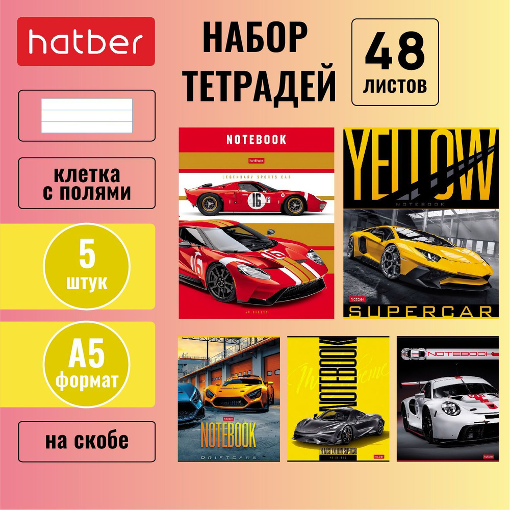 Набор тетрадей Hatber 48 листов, формата А5, в одну линию, на скобе, 65 г/кв. м, 5 штук/5 дизайнов Спортивные #1